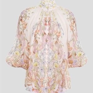 Zimmermann Jeannie Floral Billow-Sleeve Hi-Neck Blouse Sz 0P